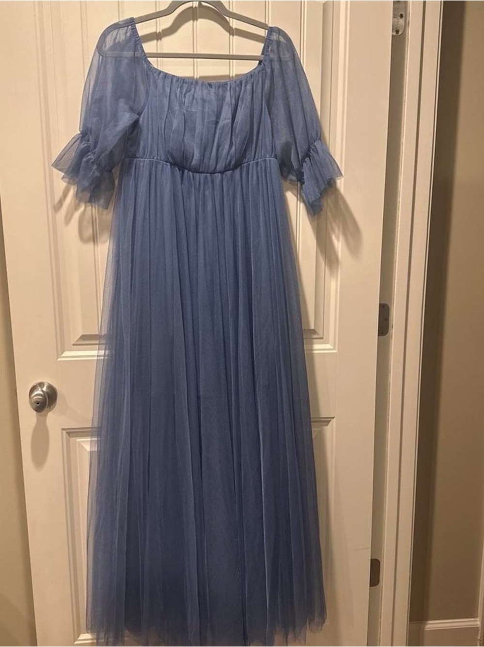 Blue Tulle Women’s Dress - Elegant Off-Shoulder Gown